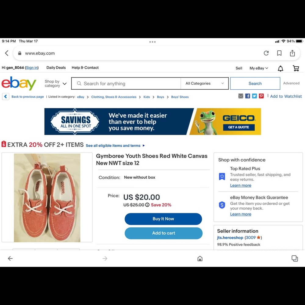 ‘Gymboree’ Faded Red Canvas/White Laces Slip-Ons - Picture 7 of 7